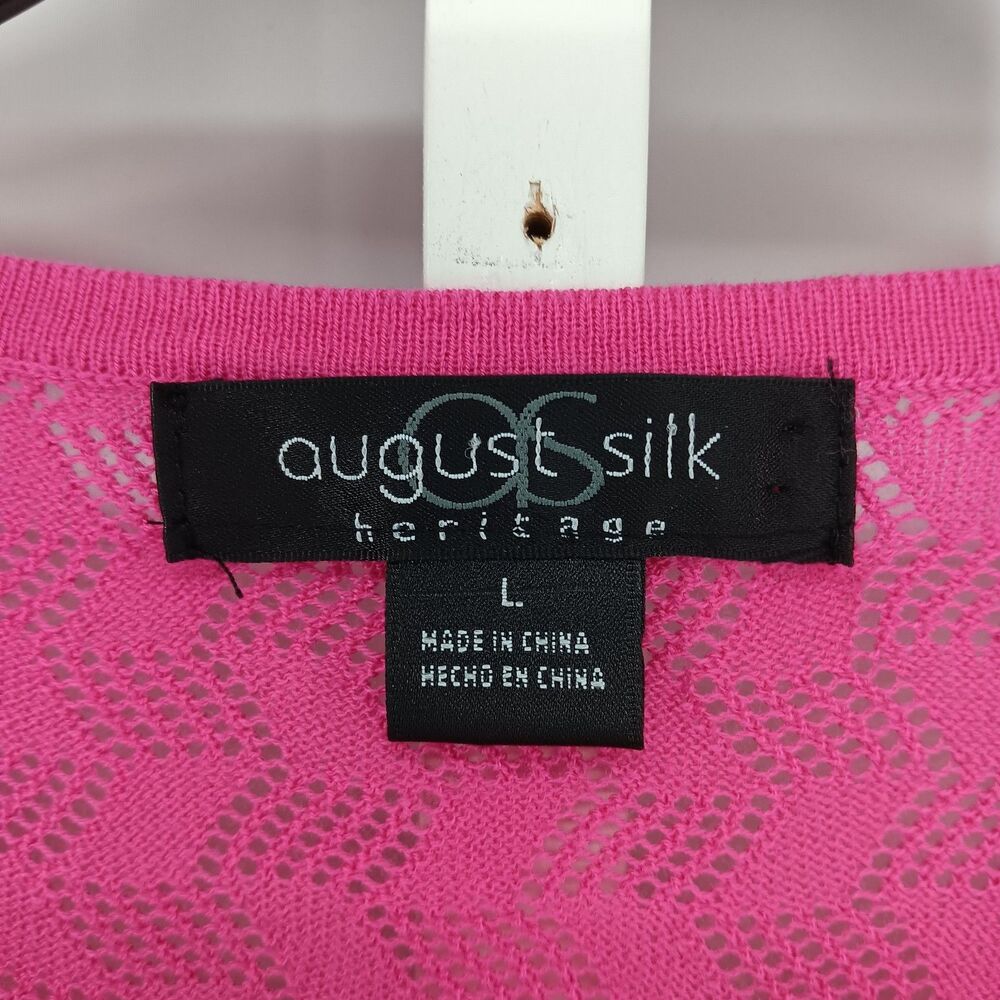 August Silk Blouse Womens Large Pink Perforated Short Sleeve Casual Button Up - Picture 5 of 6